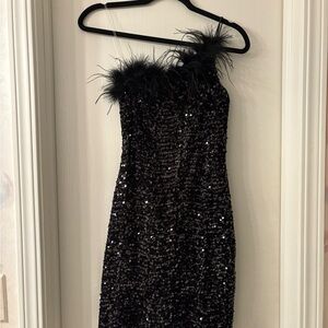 Glamorous Black Sequin One Shoulder Dress with Feather Detail